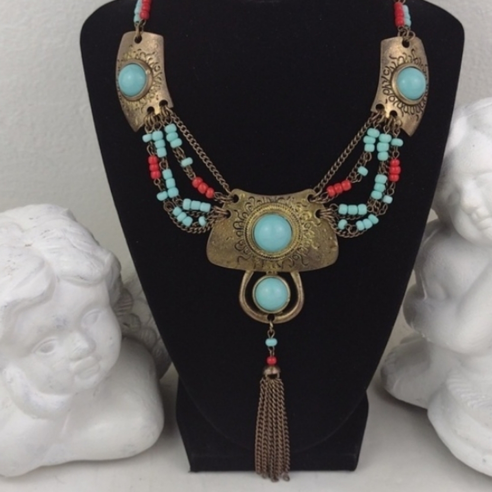 🌻3 For $15 Rustic Tribal Faux Turquoise Coral Stone Bead Chain Fringe Necklace